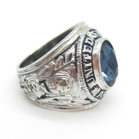 CREST CRAFT 925 Sterling Silver Antique Art Deco Blue Glass US Army Ring Size 8 - Picture 6 of 9